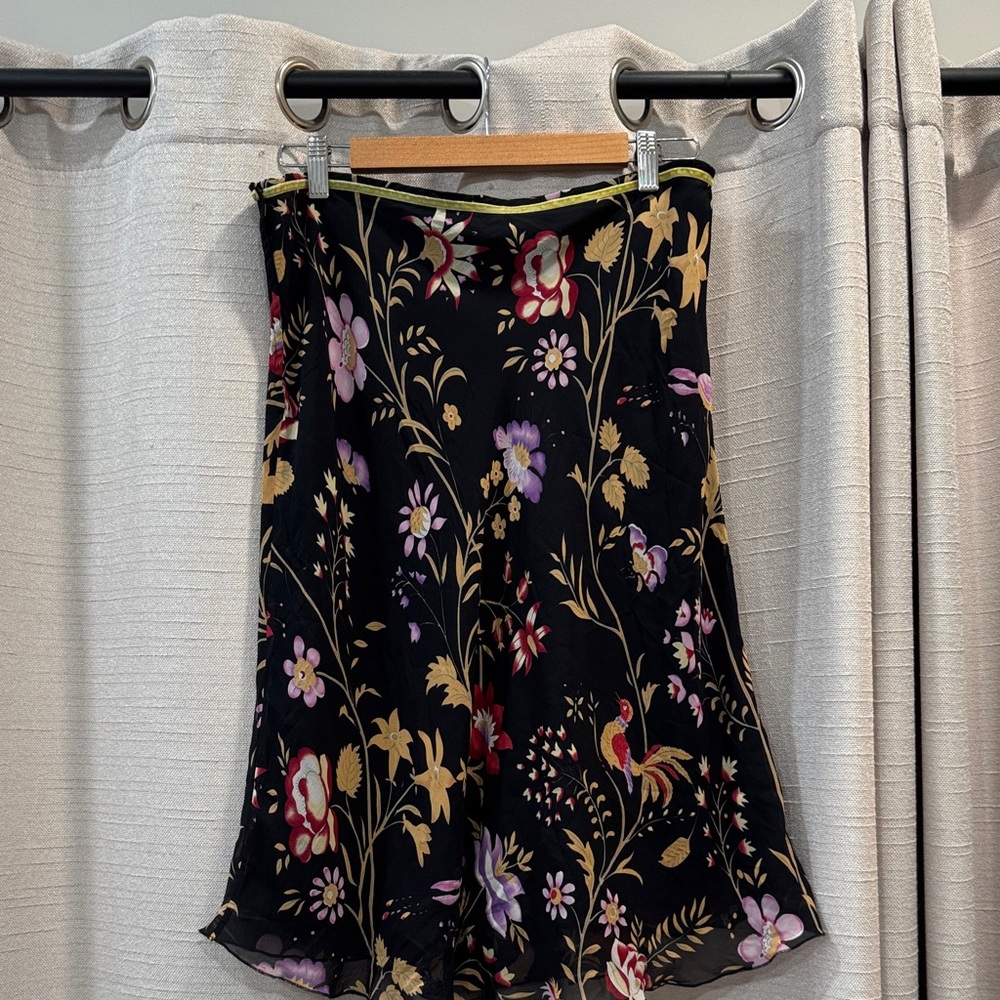 Lapis Black Floral A-Line Skirt with Gold and Pink Accents